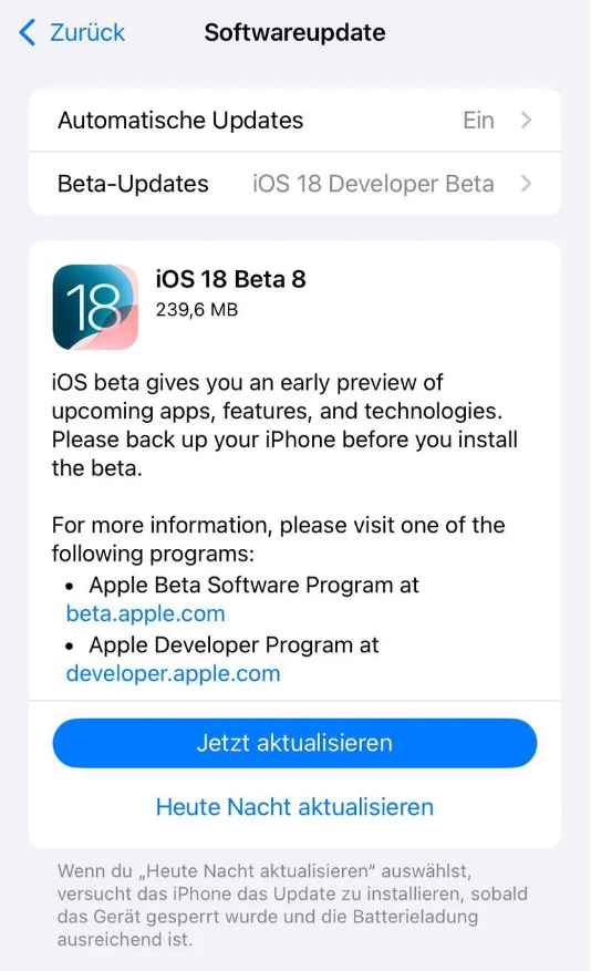 阿克塞苹果手机维修分享苹果 iOS / iPadOS 18 开发者预览版 Beta 8 发布 